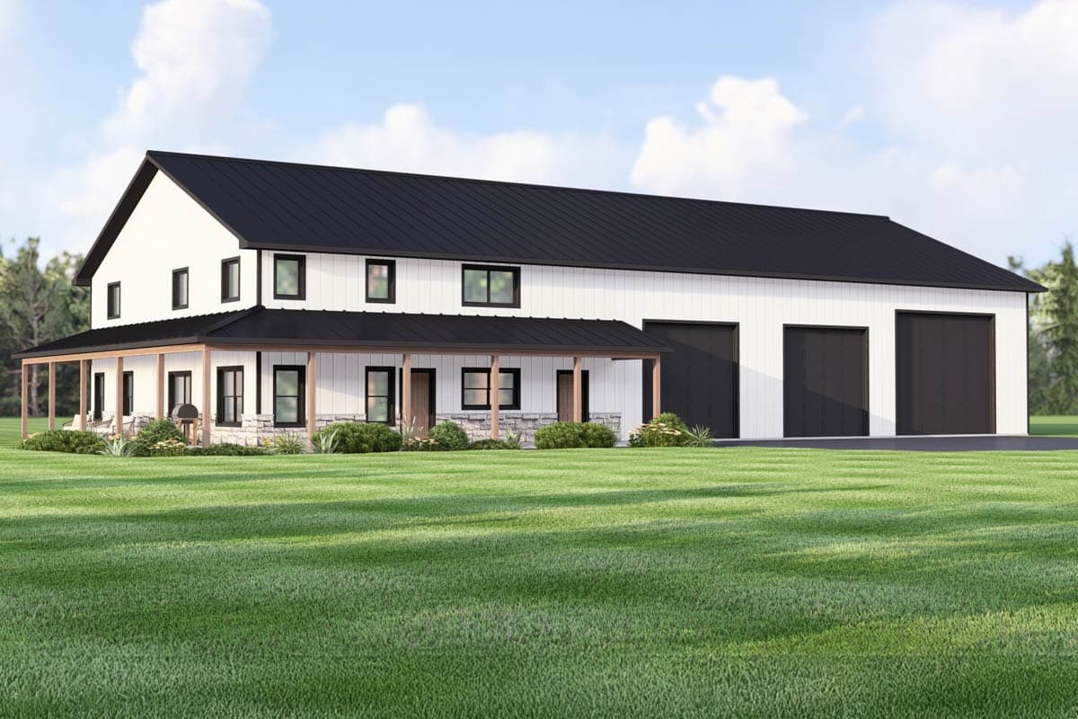 Modern farmhouse with black roof, white siding, and a large porch, set in a grassy yard under a blue sky.