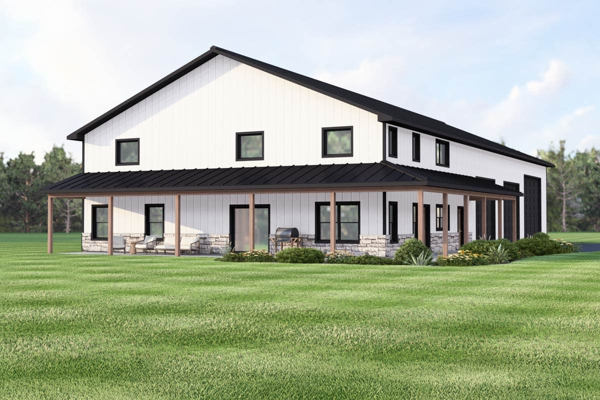 Modern Farmhouse house plan exterior, two stories, white vertical siding, black metal roof, wrap-around porch with wood columns, stone base.