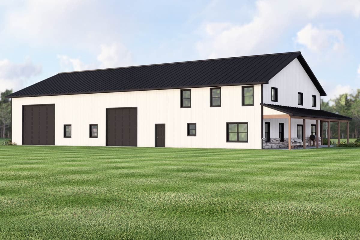 Modern Farmhouse house plan exterior with two garage doors, a covered porch with stone accents, and a black metal roof.