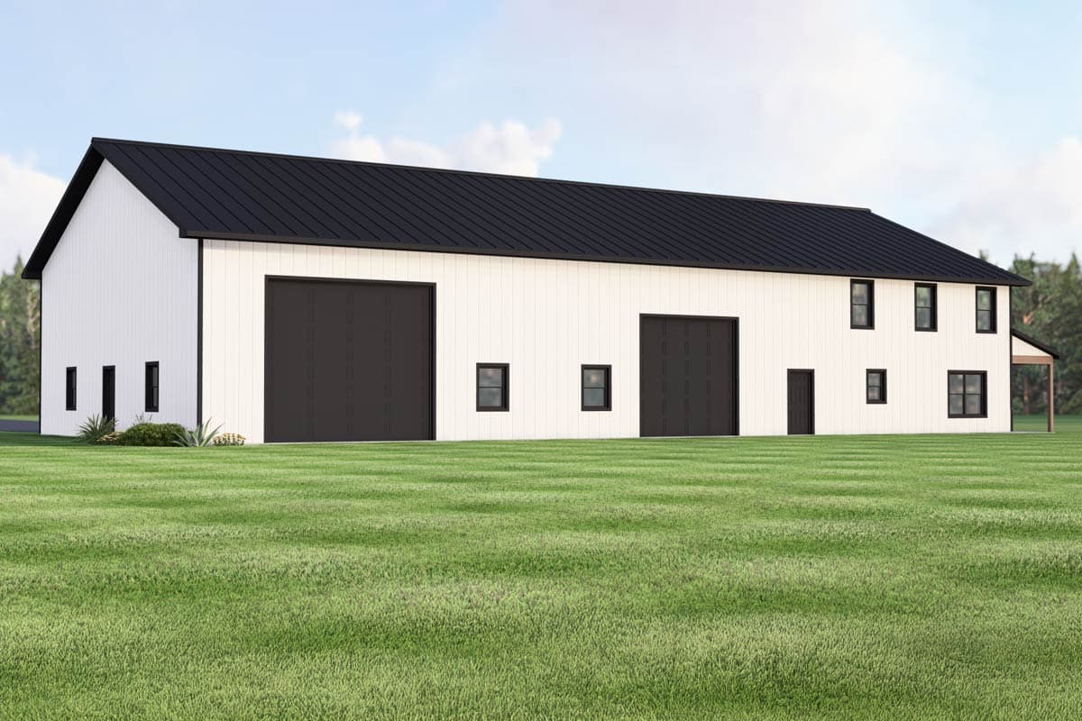 House plan exterior of a two-story modern barn with a black metal roof, white vertical siding, and dark garage doors.