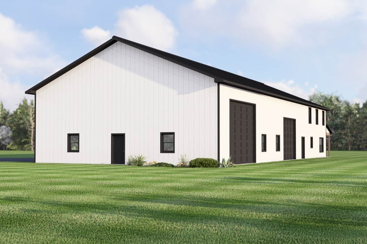 House plan exterior: White two-story barn-style structure with vertical siding, black gable roof, two large garage doors, and multiple windows.