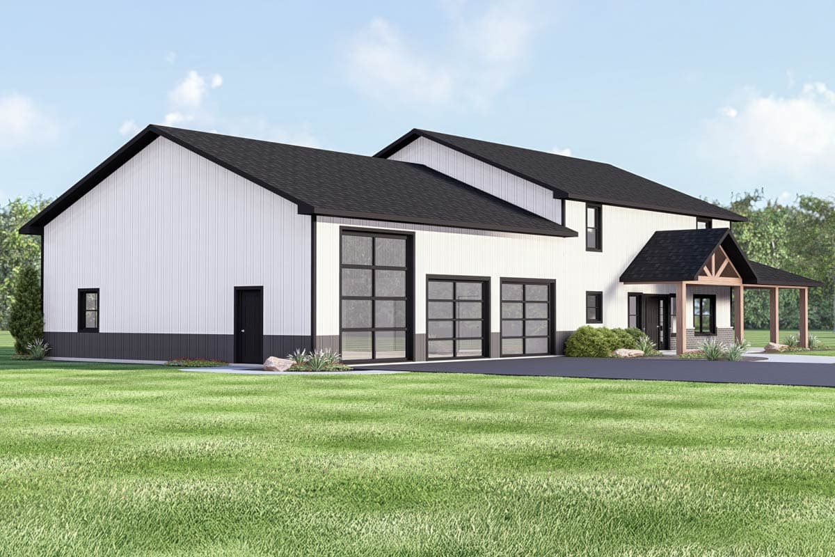 Modern house plan exterior with white vertical siding, dark roof, garage doors, and covered entrance.