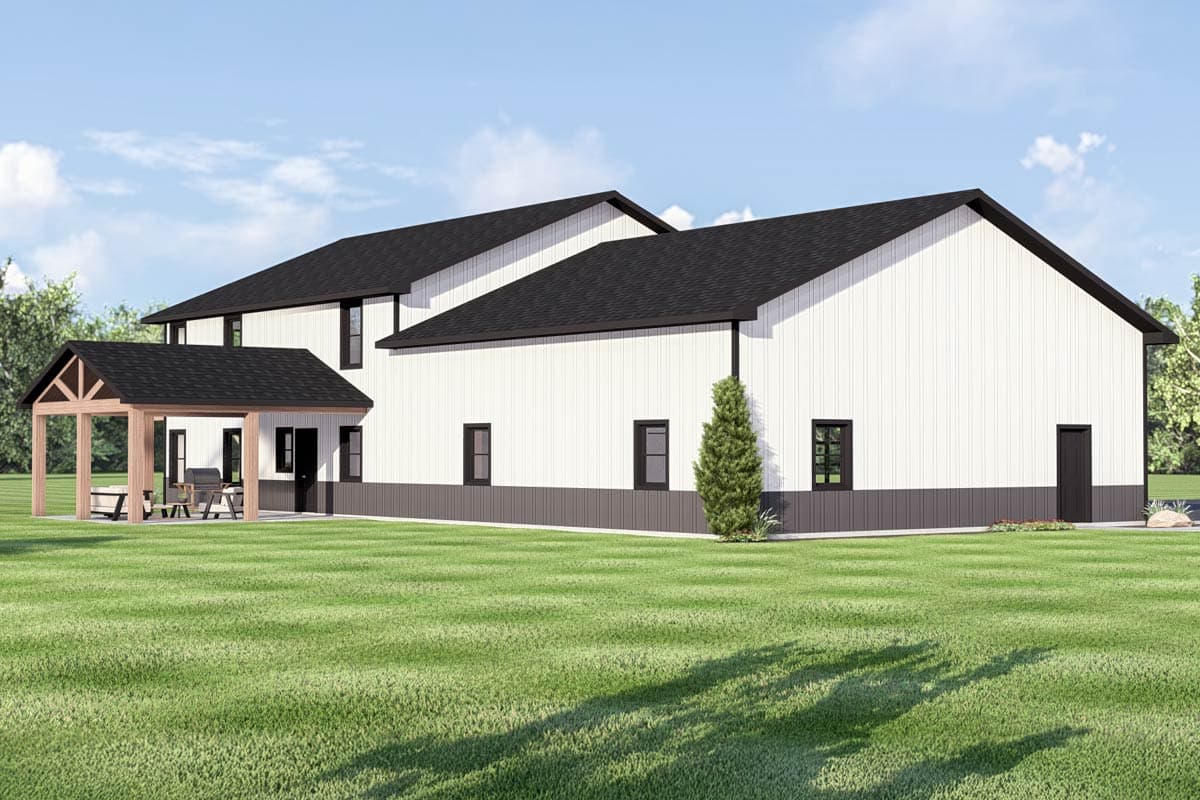 House plan exterior: Modern design with white vertical siding, dark roof, covered patio, and multiple gables.