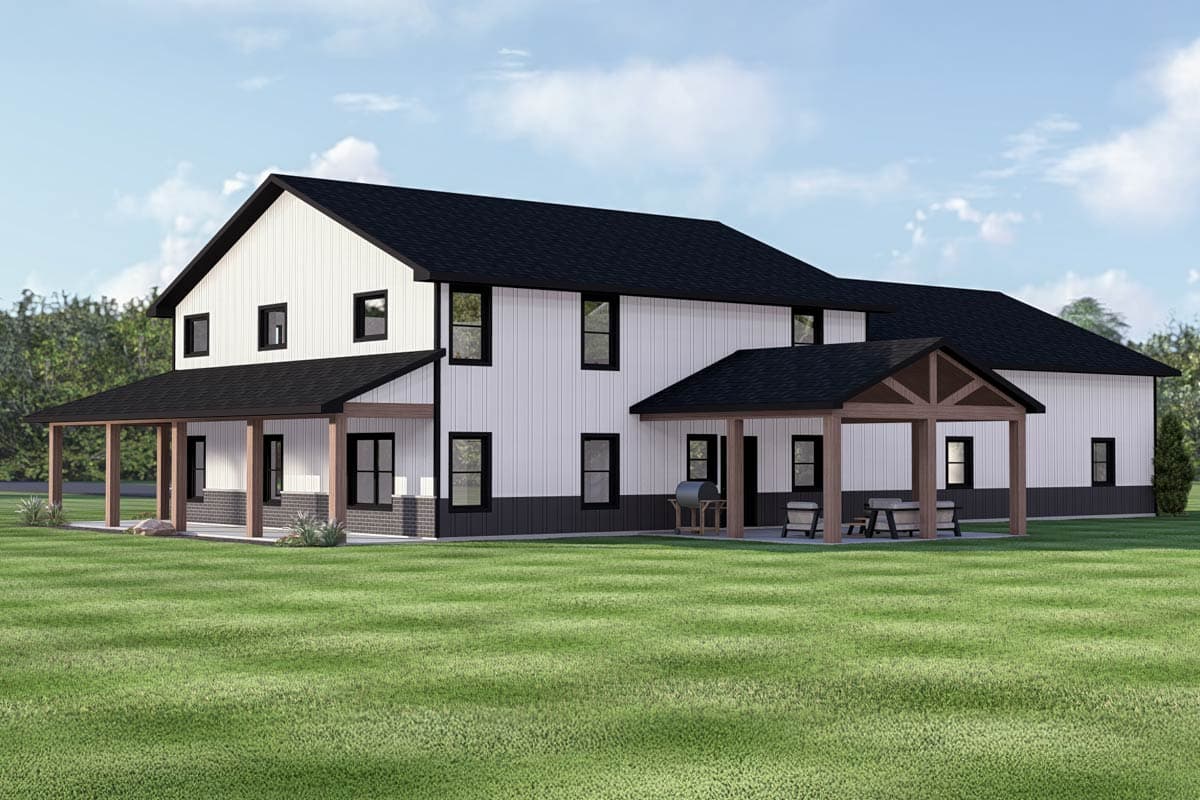 Two-story Modern Farmhouse house plan exterior with wraparound porch, board and batten siding, and gable roof.