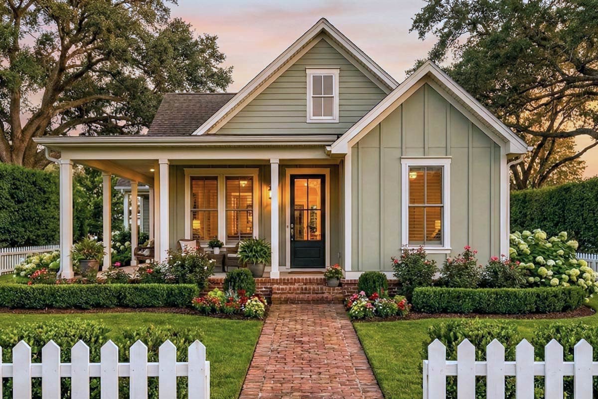 A charming, light green house with a brick pathway leading to the front door. Lush landscaping and a white picket fence create a welcoming scene.