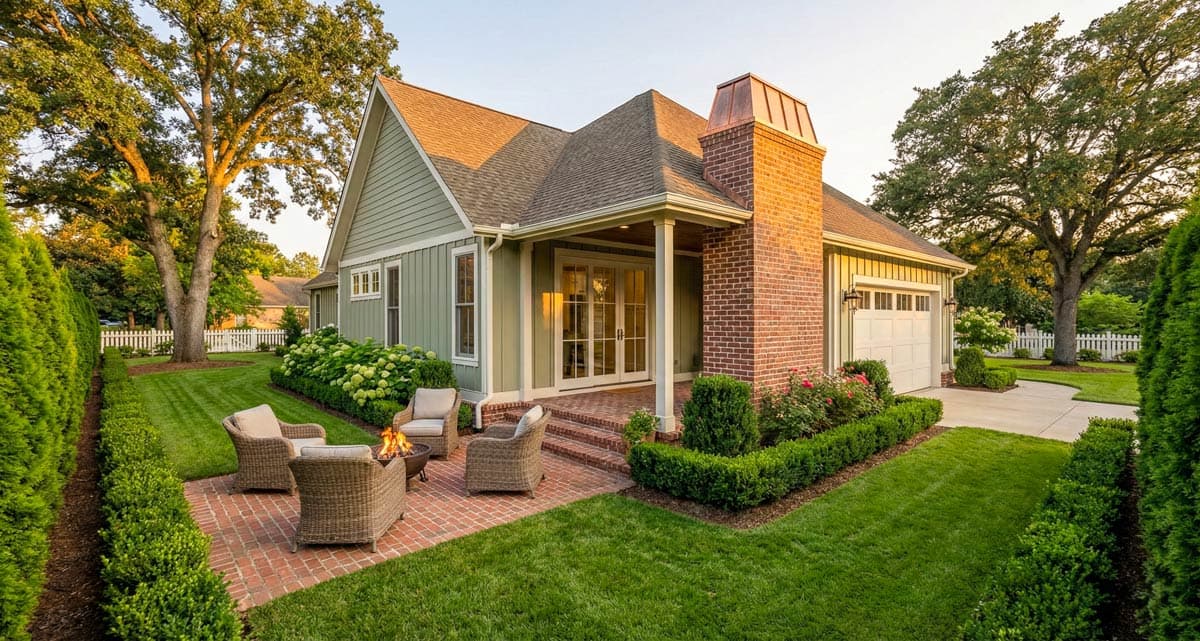 House plan exterior: Modern Farmhouse style, one story, with brick chimney, covered porch with double doors, and attached garage.
