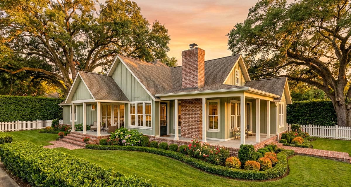 House plan exterior: Craftsman style, one story, with gables, brick chimney, and wraparound porch.