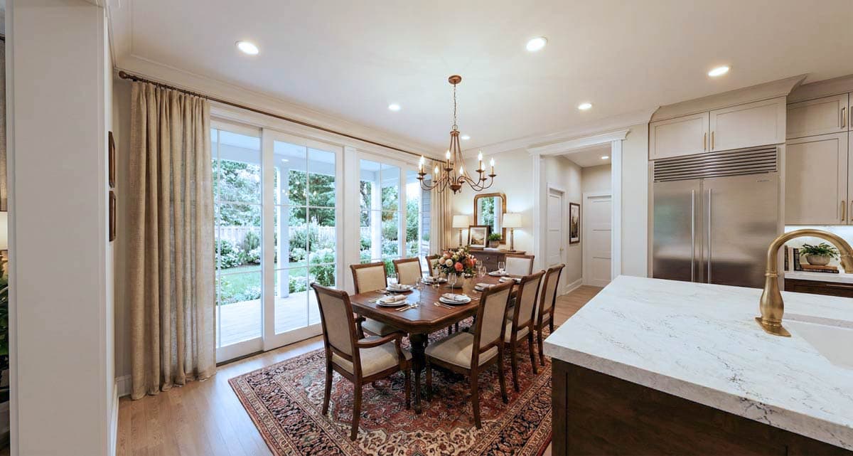 Dining room with large table, chairs, chandelier, and adjacent kitchen with island and stainless steel refrigerator.