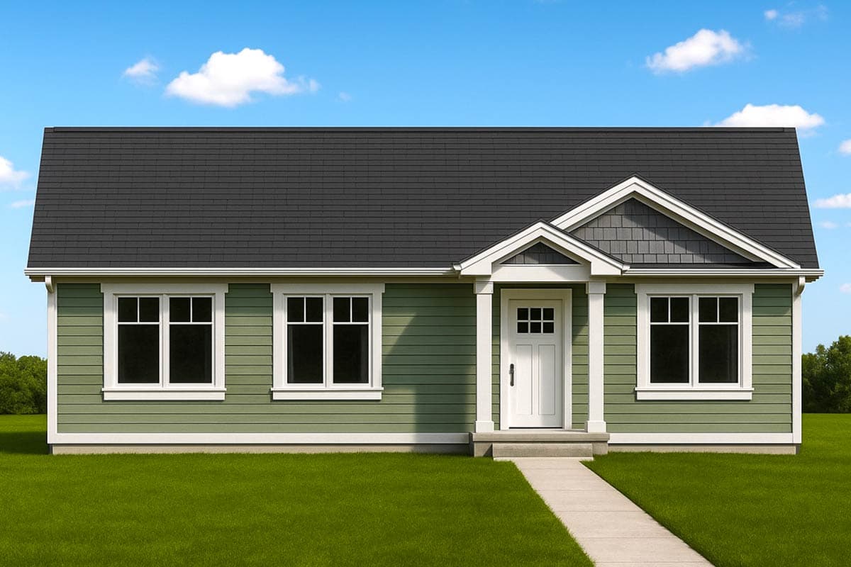 A green-sided house with white trim, a dark gray roof, and a white front door. A concrete path leads to the door, and the yard is grassy.