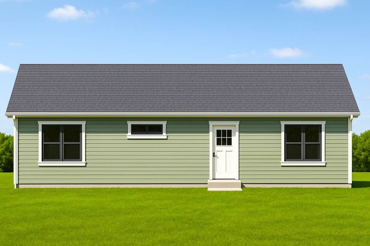 House plan exterior: Single-story dwelling with a gable roof, three windows, and a centered entry door with a transom.