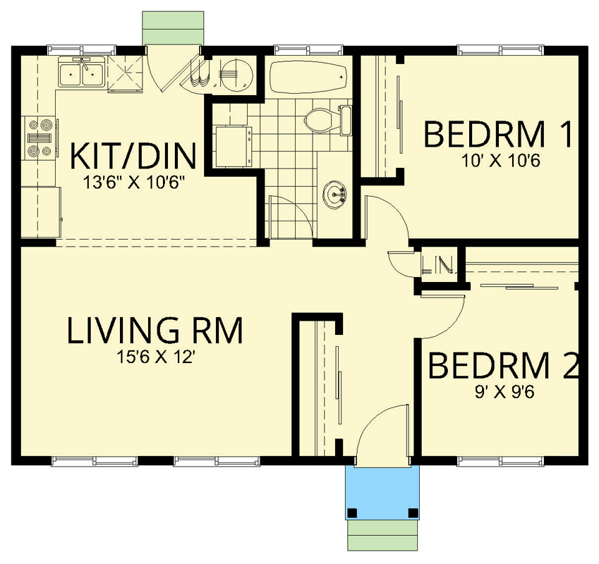 Plan 267100SPK: 2-Bedroom Cottage House Plan with Efficient Layout and Main-Level Laundry - Floor Plan - Main Level - Cottage, Ranch, Traditional