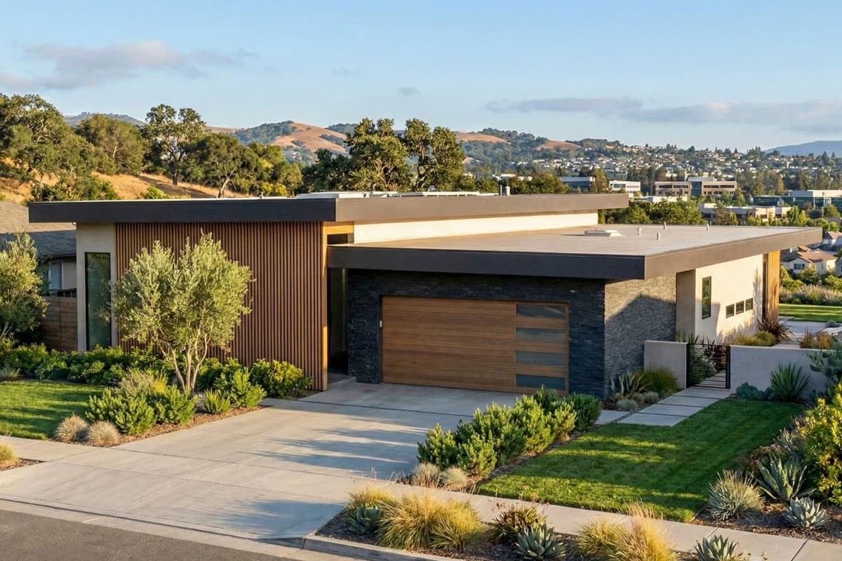 Modern, single-story home with a flat roof and wooden garage door. Lush landscaping and a view of rolling hills are in the background.