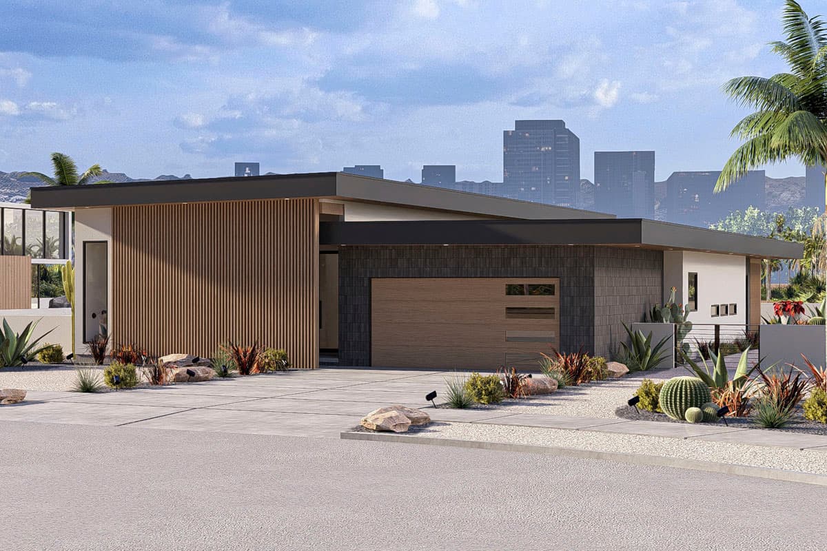 House plan exterior with modern style, flat roof, vertical wood siding, and a two-car garage.