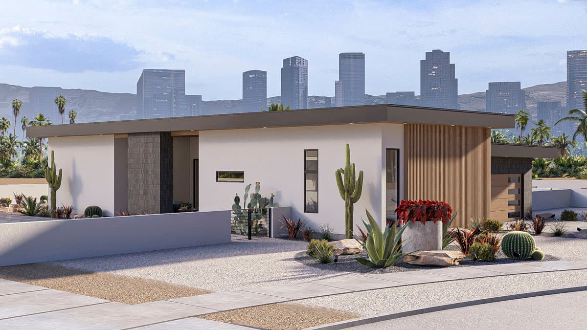 Modern single-story house plan exterior with flat roof, wood accents, and attached garage. Features courtyard entry.