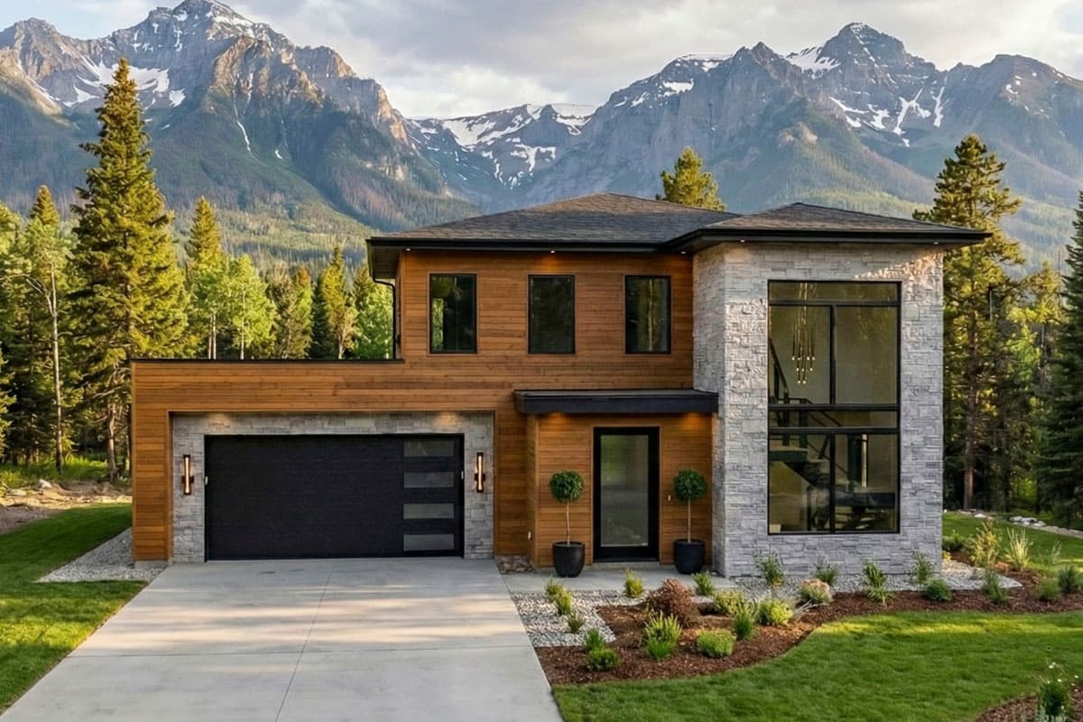 Modern two-story house with wood and stone exterior, large windows, and a black garage door. Mountains with snow-capped peaks are in the background.