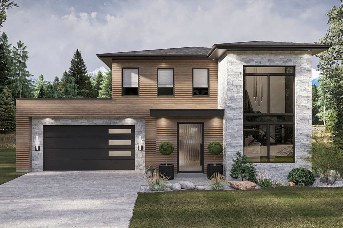 Modern house plan exterior featuring horizontal siding, stone accents, a two-car garage, and a tall entryway window.