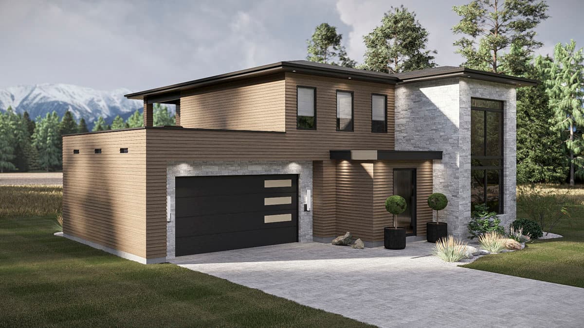 Two-story modern house plan with horizontal siding, stone accents, flat roof, and attached garage.