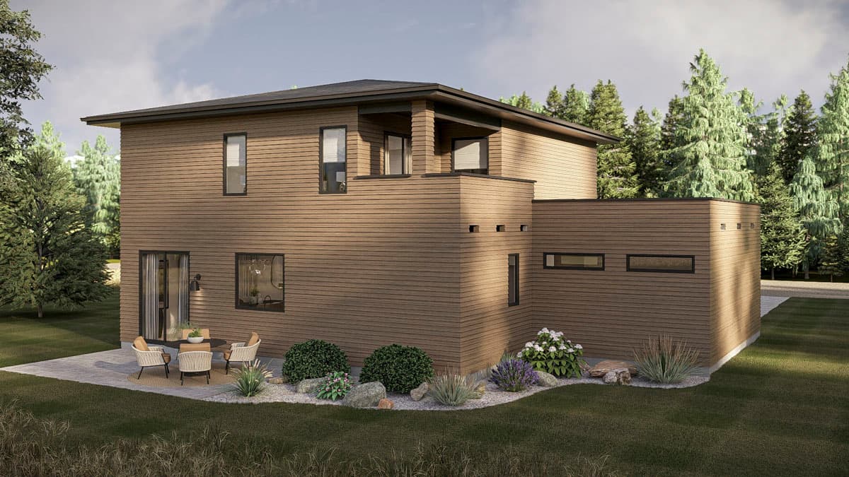 Modern two-story house plan exterior with horizontal siding, a flat roof, and a second-story balcony.