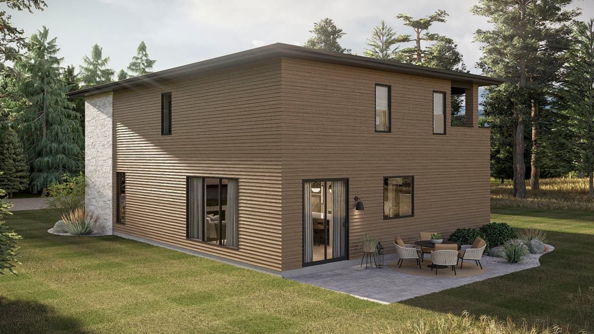 Two-story house plan exterior with horizontal siding, stone accents, and a second-story balcony.
