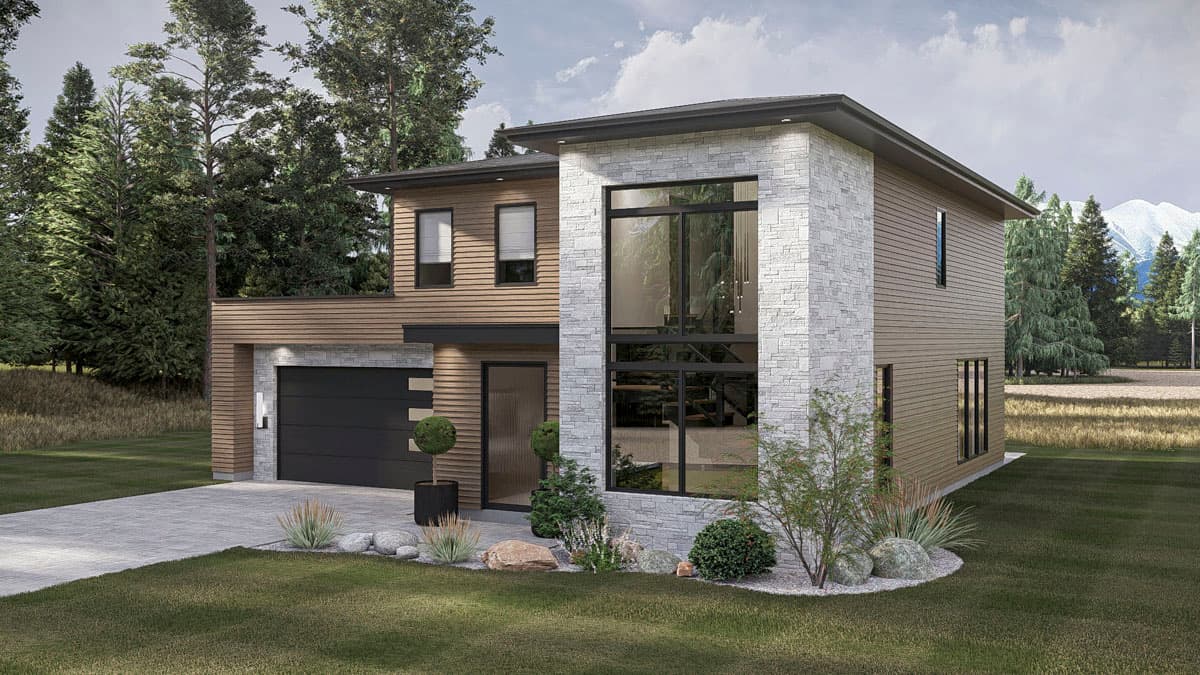 Modern two-story house plan exterior with horizontal siding, stone facade, large windows, and attached garage.