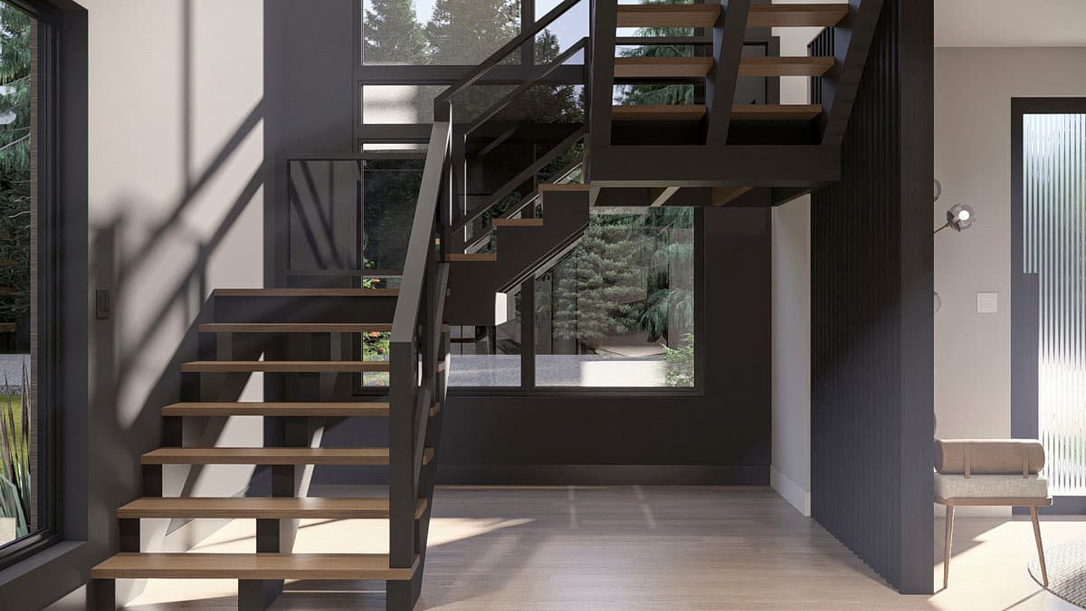 Modern open-riser staircase with wood treads and dark metal railing, surrounded by large windows.