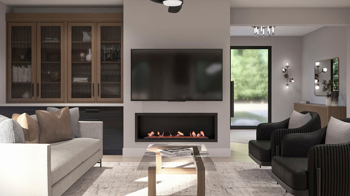 Living room with fireplace, mounted TV, built-in cabinetry with fluted glass doors, and sofas.