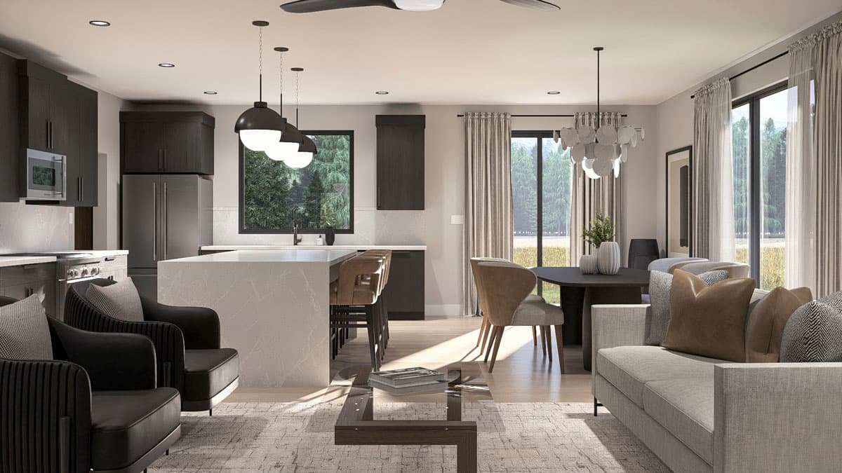 Interior rendering of an open-concept living, dining, and kitchen area with a large island and modern dark wood cabinetry.