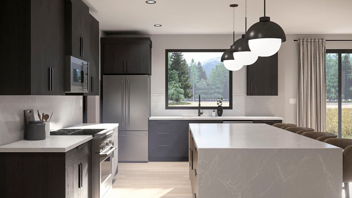 Kitchen with dark wood cabinets, large island, stainless steel appliances, and expansive window with forest view.