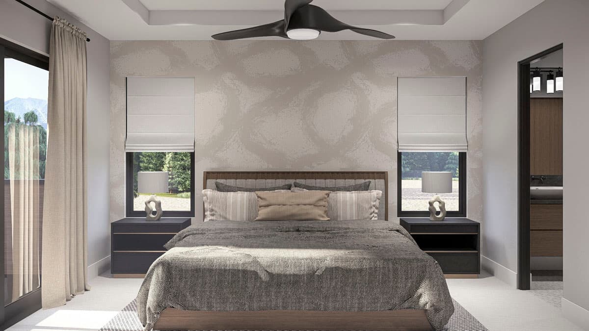 Bedroom rendering with platform bed, textured wallpaper, two windows, modern nightstands, and ceiling fan. Doorway to bathroom visible.