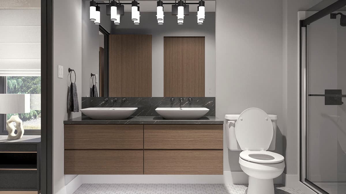 Bathroom rendering with double vanity, vessel sinks, wood cabinetry, dark stone countertop, and glass shower enclosure.