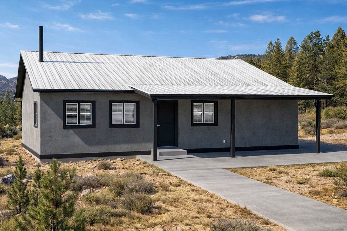 A modern, single-story house with a metal roof and black trim, situated on a concrete path, surrounded by dry vegetation and pines.