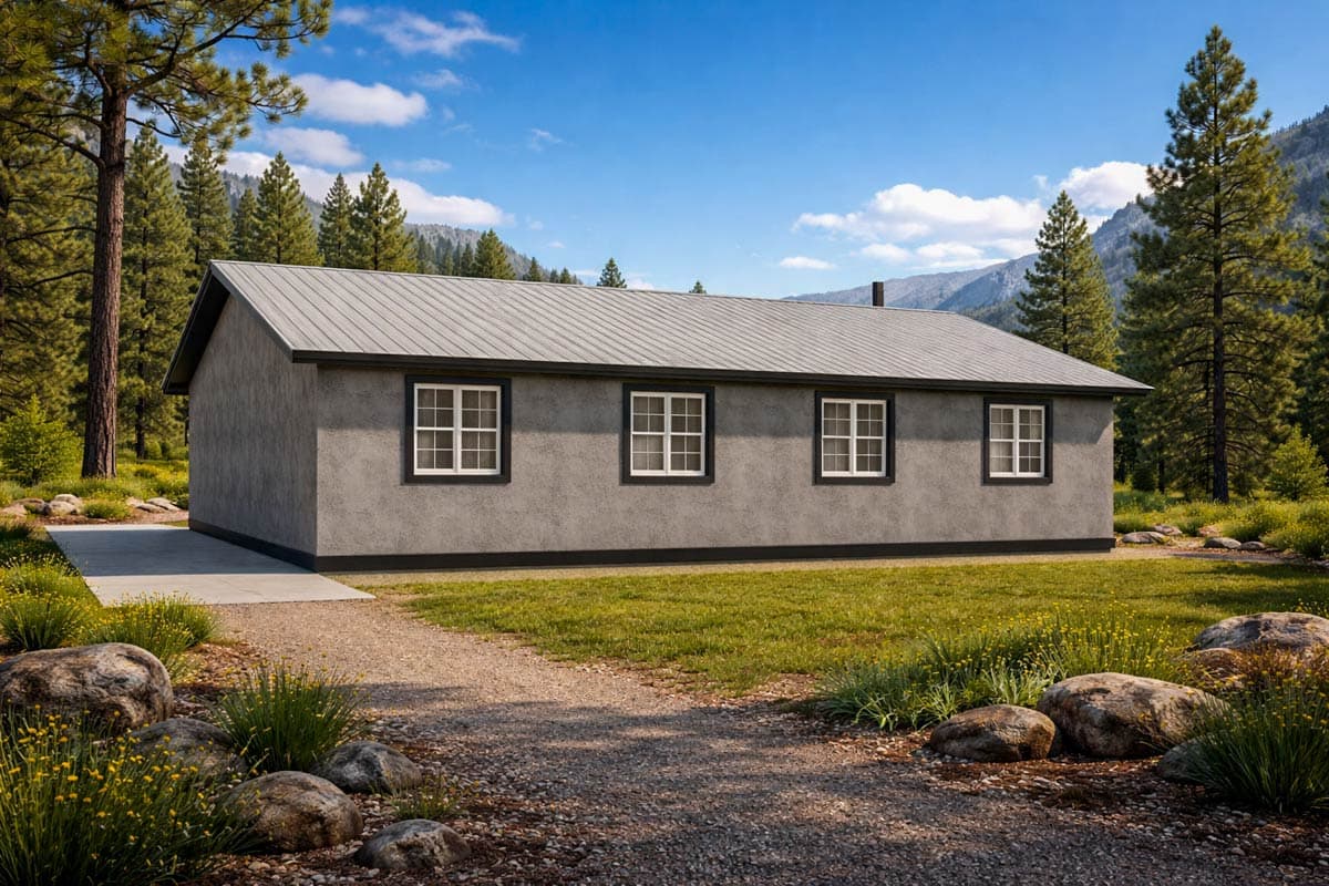 House plan exterior: single-story home with gray stucco, gabled metal roof, and four multi-pane windows.