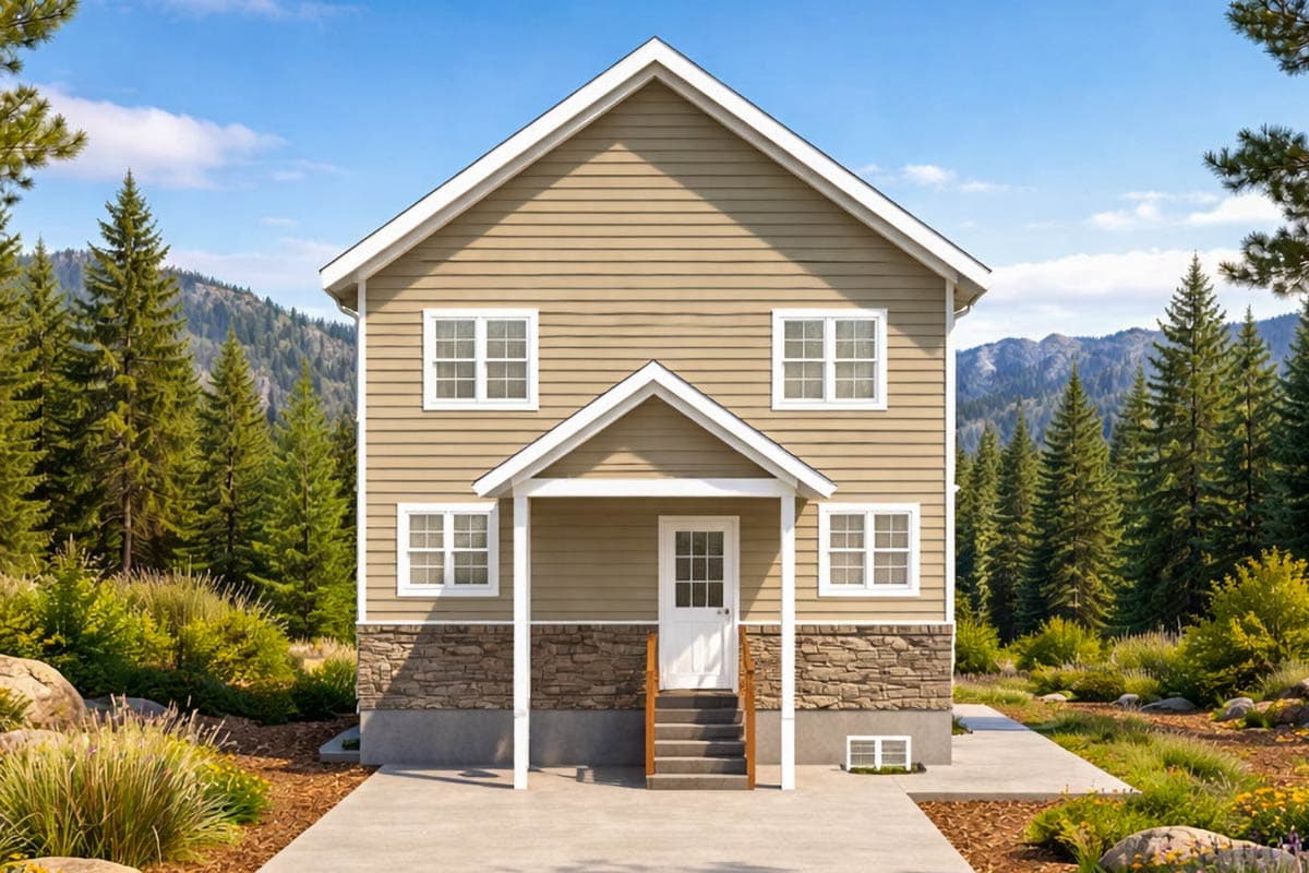 Two-story house plan exterior with siding, stone base, gabled roof, and a central covered porch with a white door.