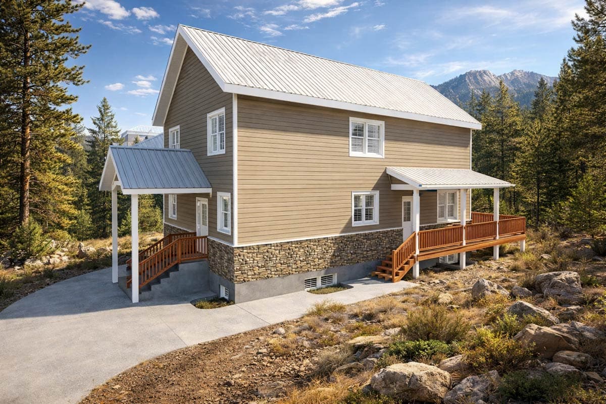 House plan exterior: two-story house with stone base, gabled roof, front porch, and side deck.