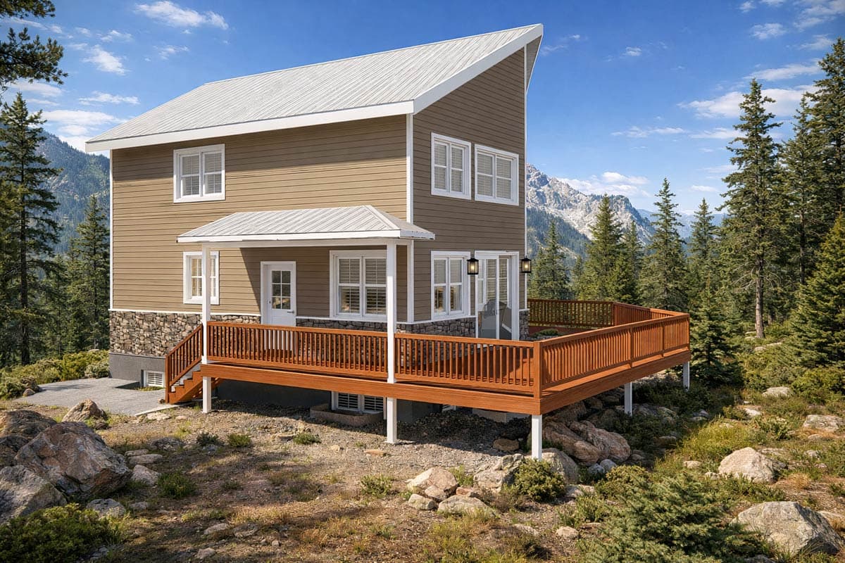 House plan exterior of a two-story modern mountain home with a large wrap-around deck, stone base, and metal roof.