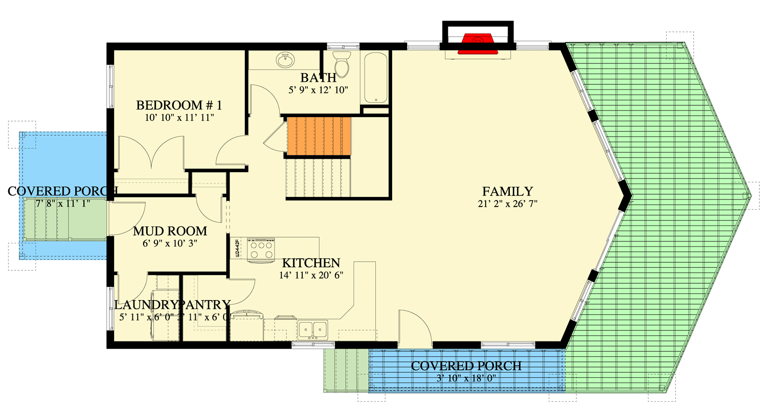 Plan 61709UT: Four Bedroom Rustic Cabin House Plan with Prow Front and Loft - Floor Plan - Main Level - Cabin, Rustic