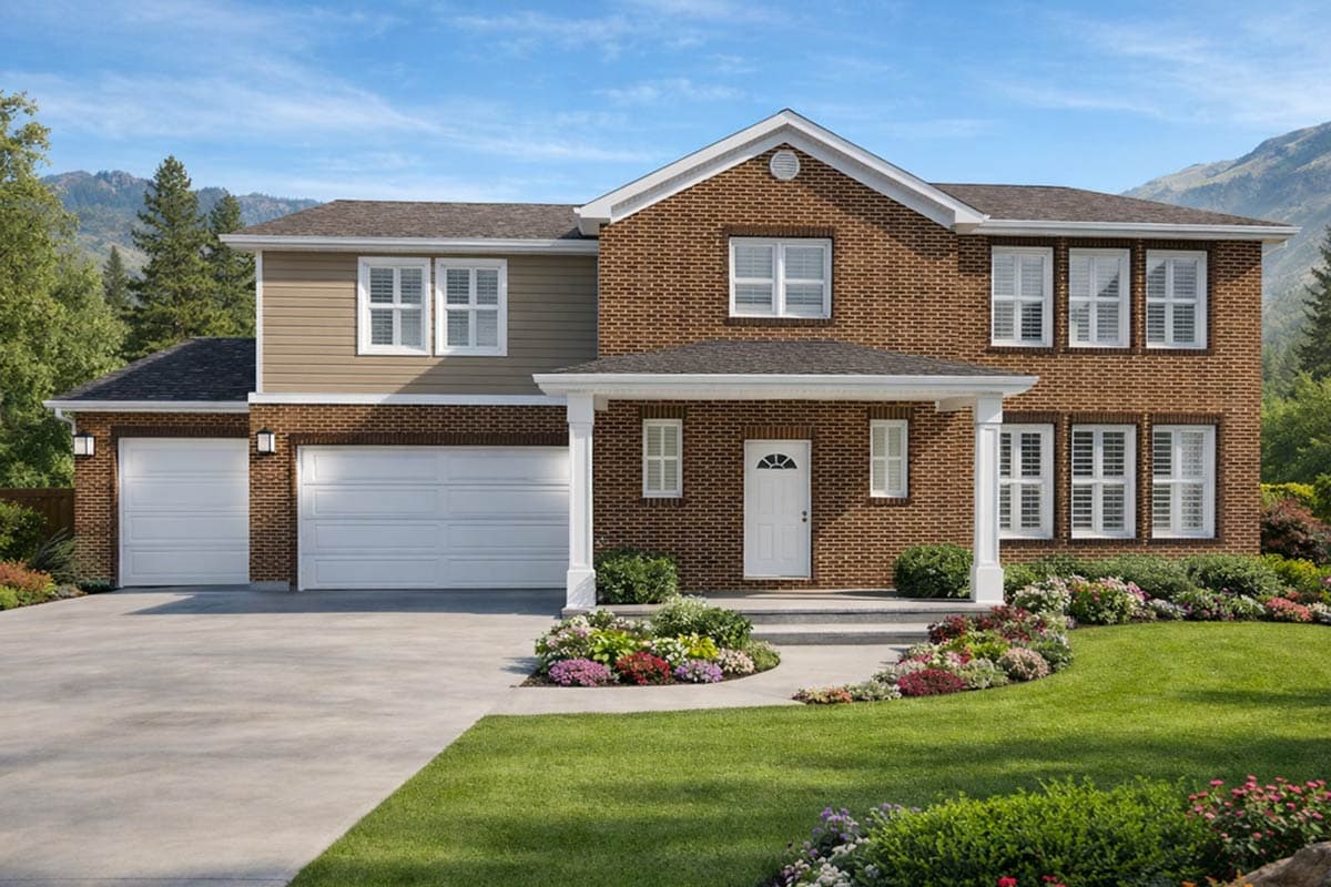 A two-story brick house with a tan siding section and a two-car garage. A landscaped front yard with flowers leads to the front door.