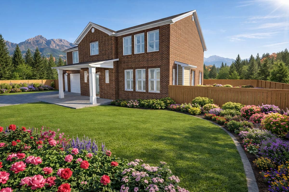 Two-story brick house plan with a covered front porch, two-car garage, and multiple gables.
