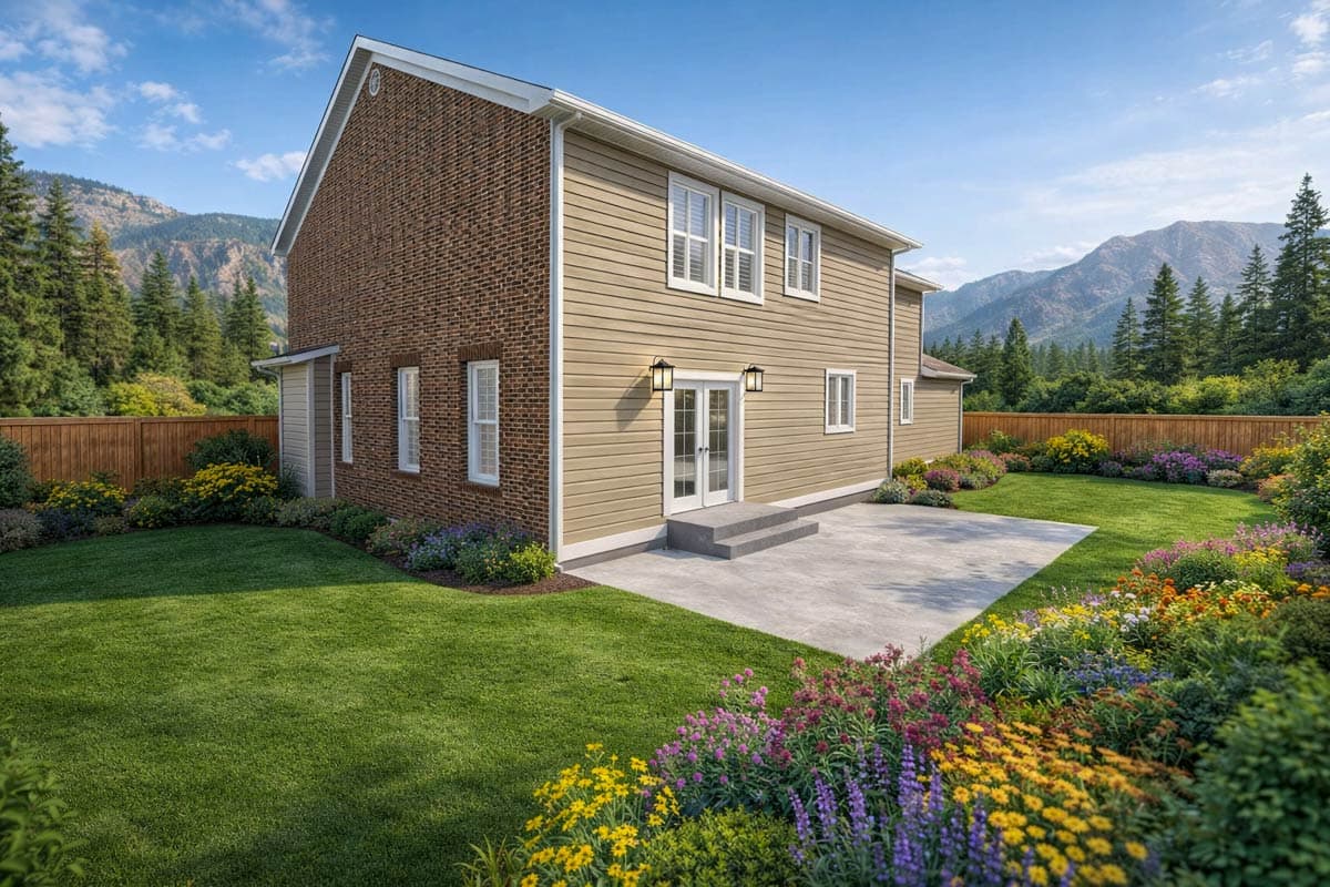 Two-story house plan exterior with brick and tan siding, double doors, patio, and garden.