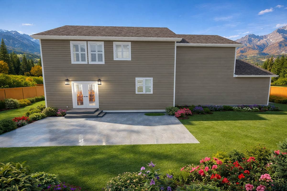 Two-story house plan exterior with tan siding, double front doors, and multiple windows. Features a large concrete patio.