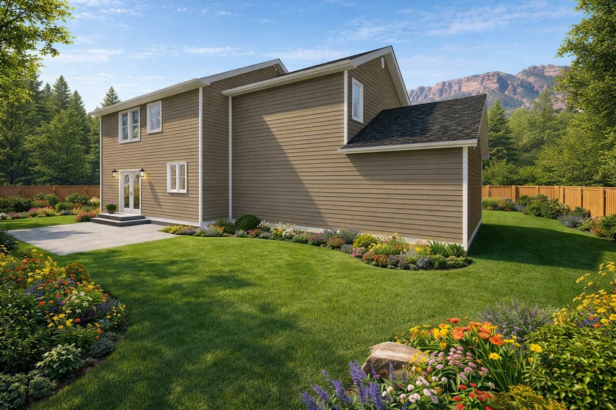 House plan exterior: two-story siding house with a gable roof, French doors, and double-hung windows.