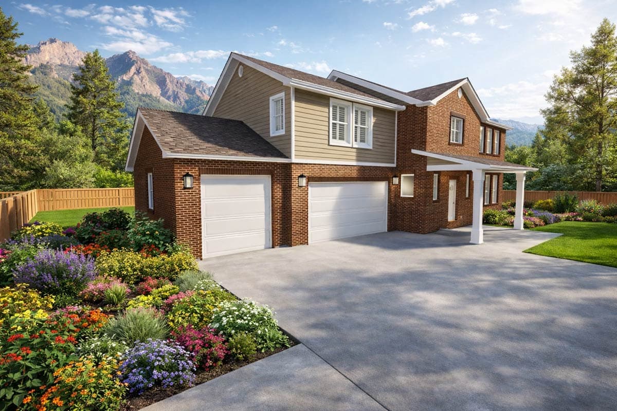 House plan exterior view: Two-story brick and siding home with a three-car garage, covered entry, and prominent gables.