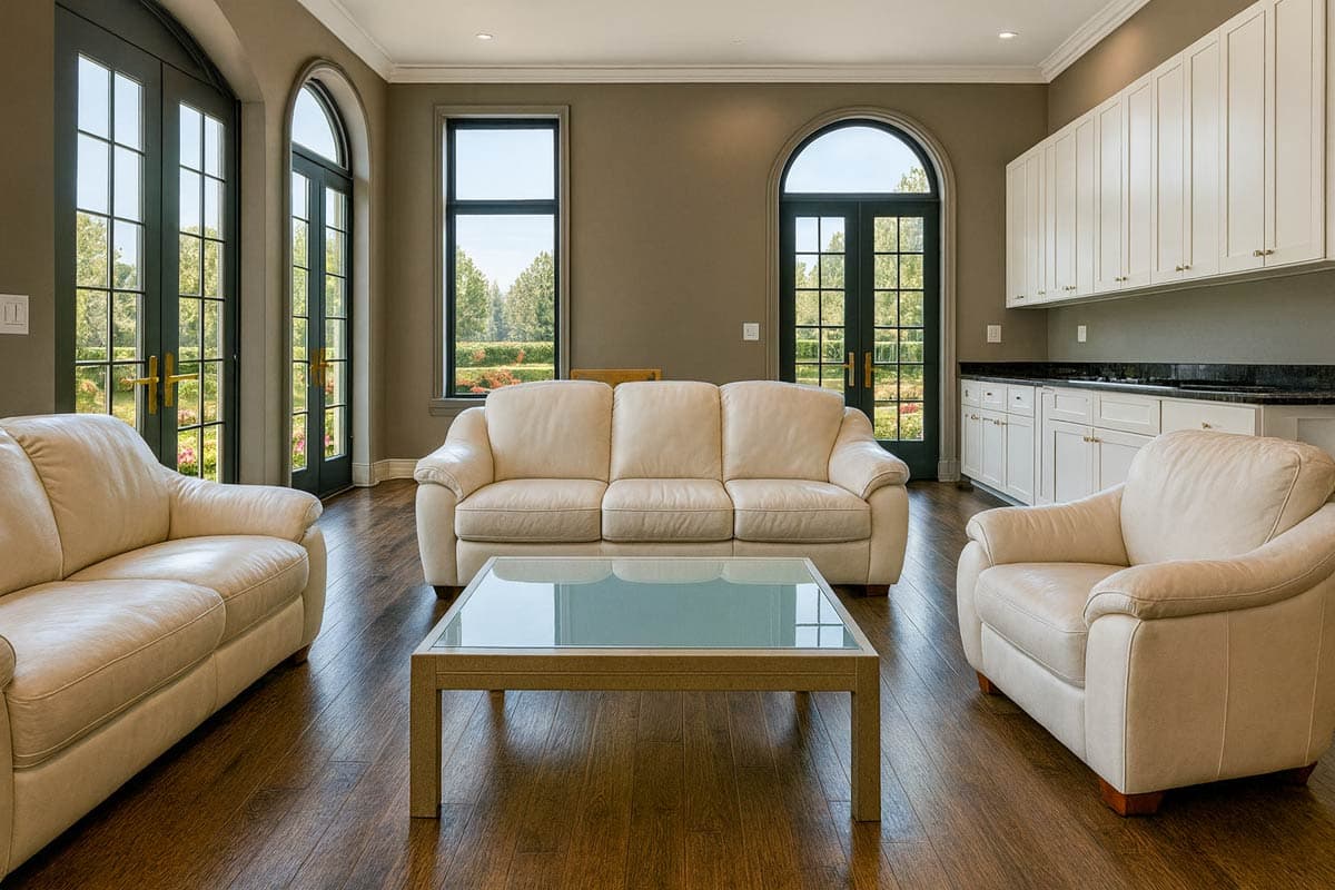 Interior rendering of a living area with a central sofa, flanking armchairs, coffee table, and adjacent kitchenette with white cabinets.