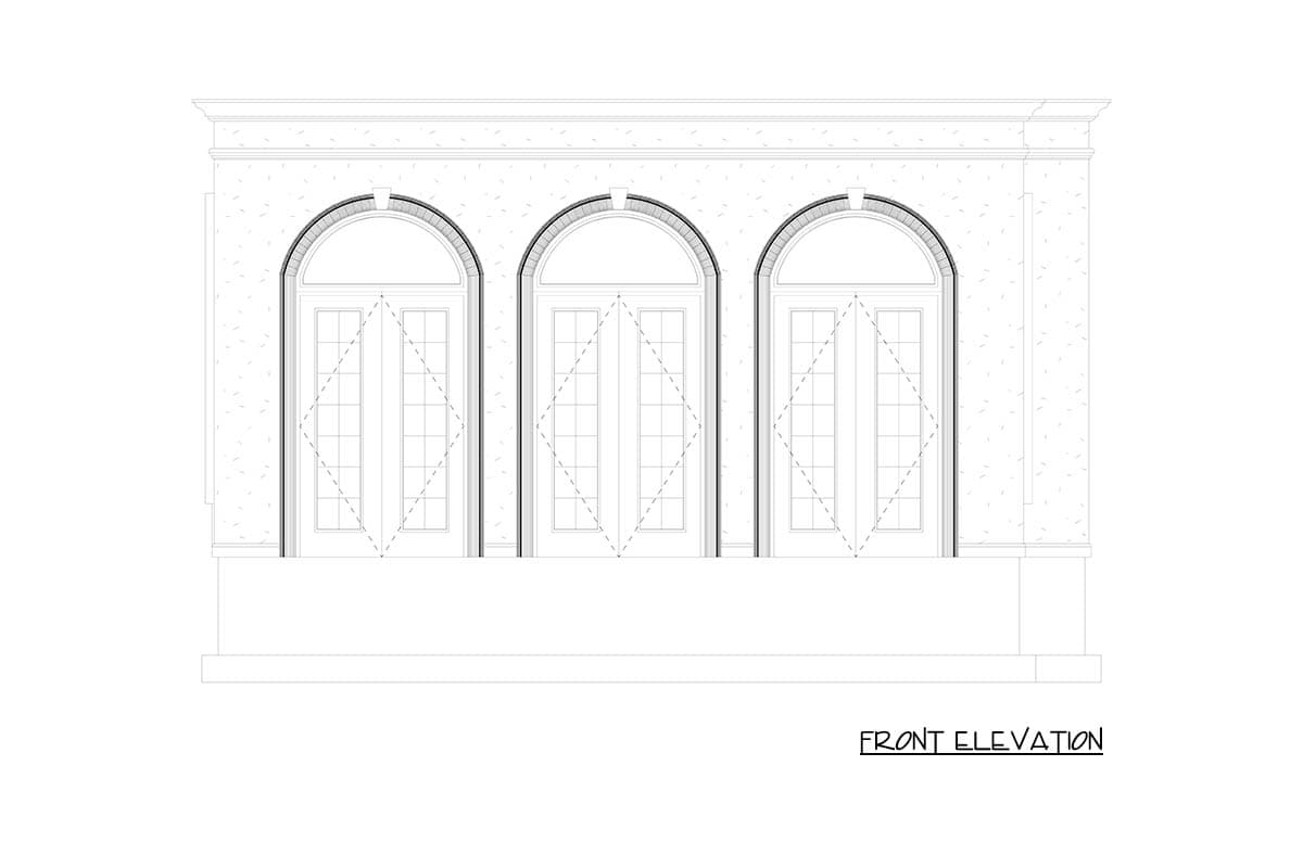 Front elevation drawing of a house facade featuring three arched French doors with diamond-patterned glass and detailed brickwork.