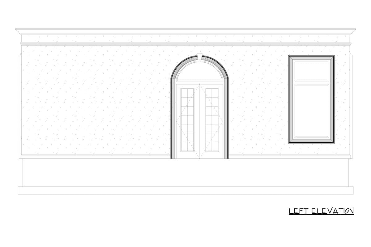 Left elevation drawing of a house exterior featuring a double arched door and a rectangular window.