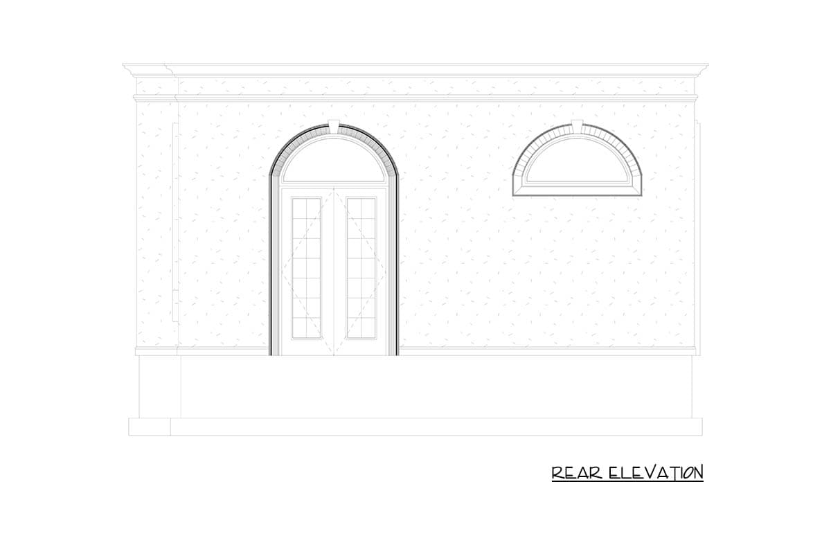 Rear elevation drawing showing a textured wall with a double arched door and a semicircular window.