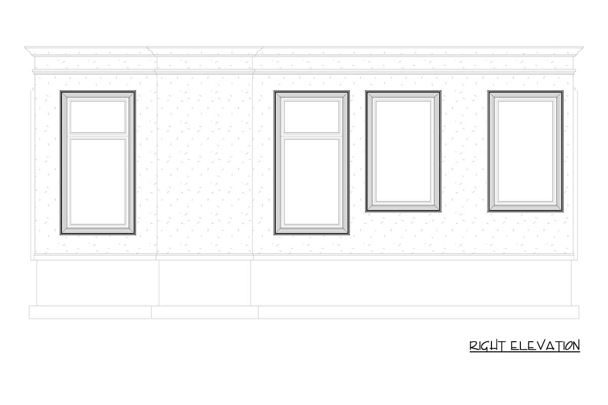 Right elevation drawing of a building facade with four windows and detailed trim.