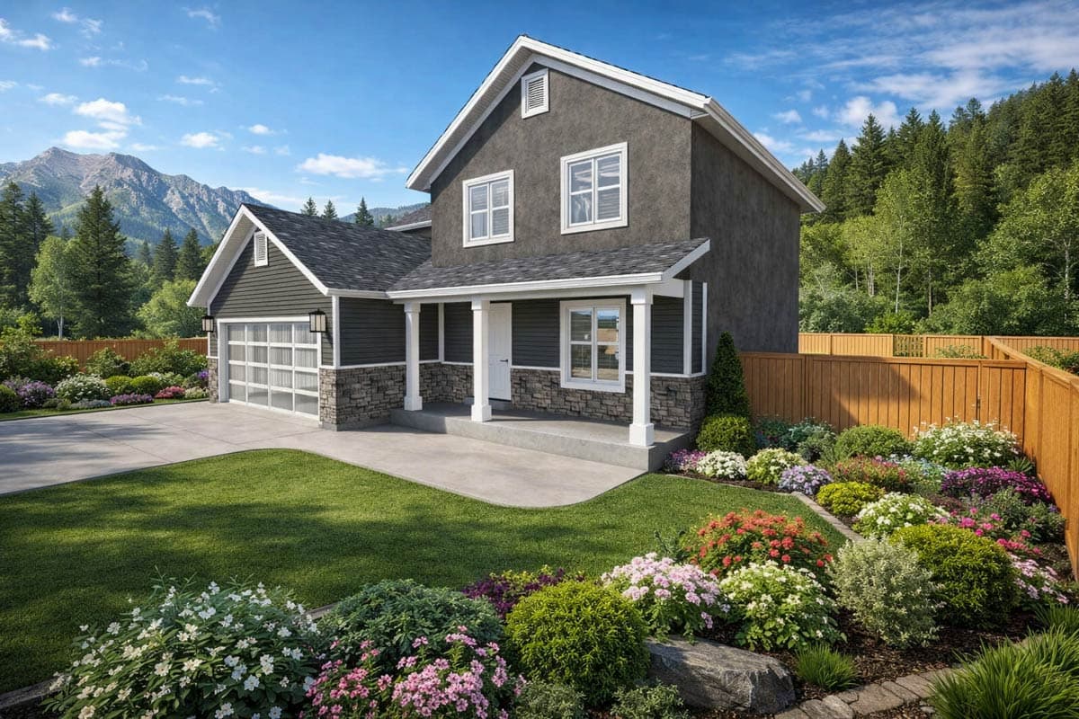 Two-story house plan exterior with covered porch, stone accents, gabled garage with glass door, and sloped rooflines.