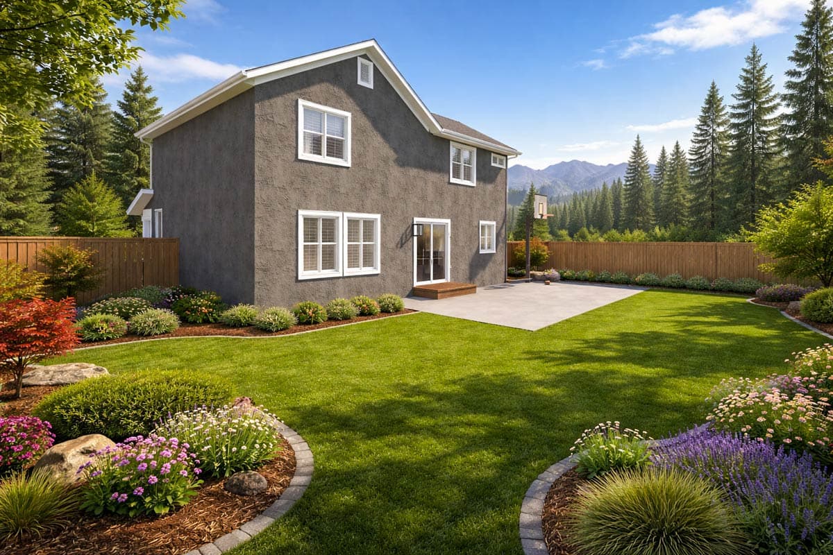 House plan exterior: Two-story home with stucco siding, gable roof, double-hung windows, and rear patio.