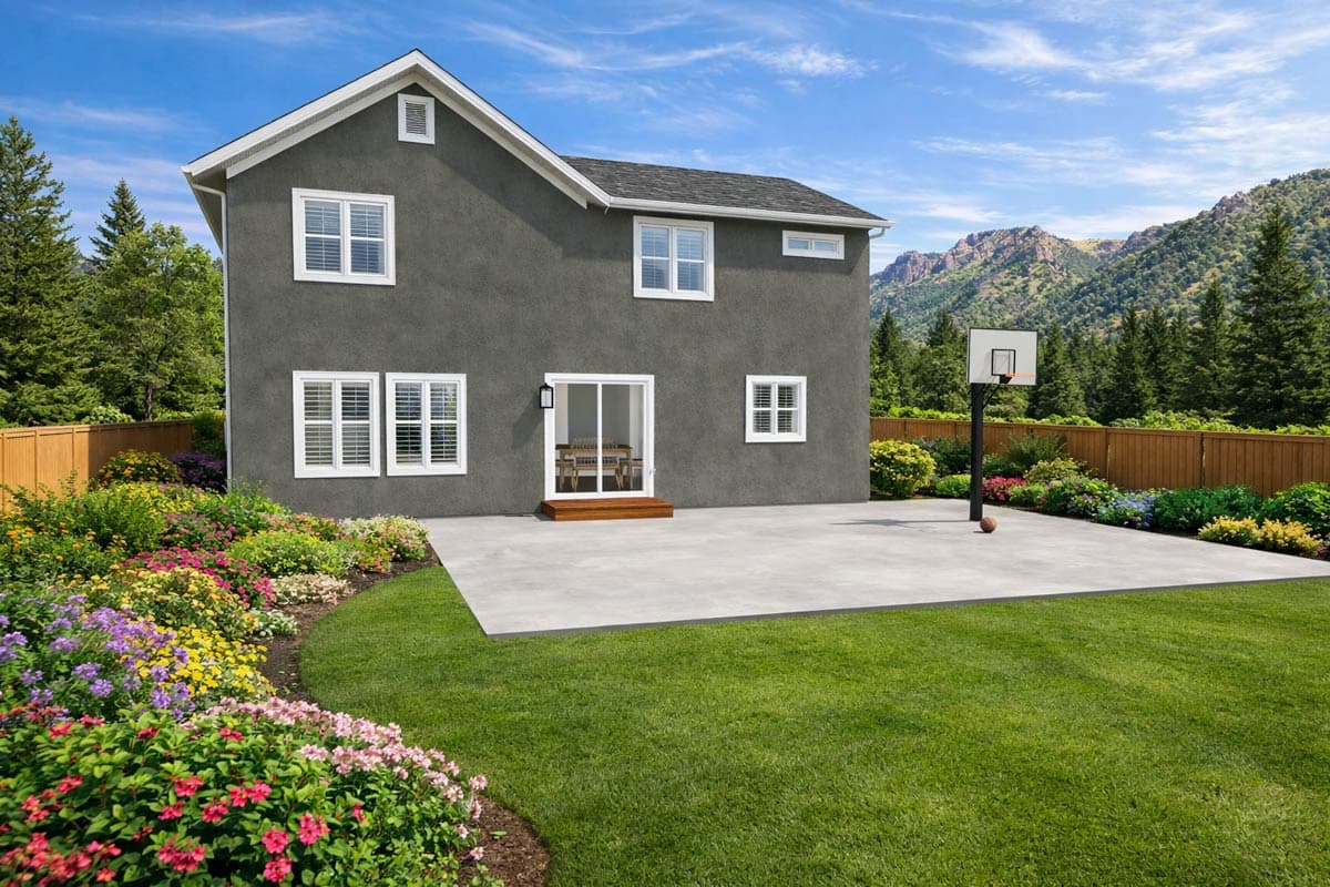 House plan exterior: two-story home with pitched roof, gabled dormer, slider door, and multiple windows.